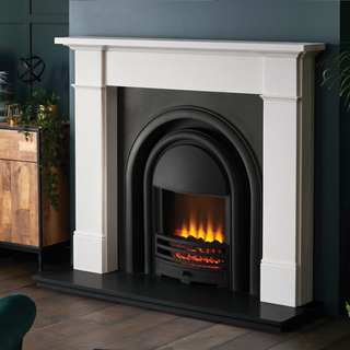 Provident Flat Wall Cast Iron Arch Aegean Limestone Electric Fireplace Suite Package - Solution