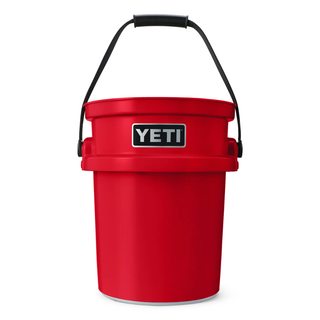 Red YETI bucket with a black handle on a white background