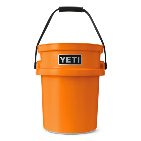 Orange YETI bucket with a black handle on a white background