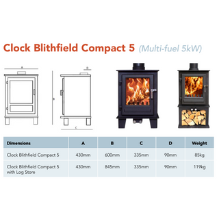 Blithfield Compact 5 5kW Solid Fuel Woodburning and Multifuel Freestanding Stove - Clock
