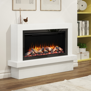 57" Hickory Luxury White Micromarble Flat-To-Wall IQFX Fire and Fireplace Suite - Diamond