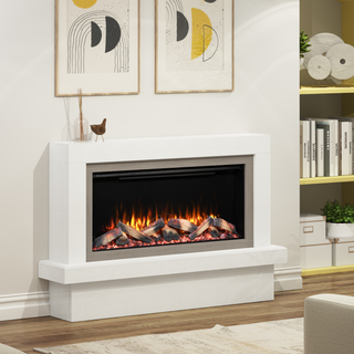 57" Hickory Luxury White Micromarble Flat-To-Wall IQFX Fire and Fireplace Suite - Diamond