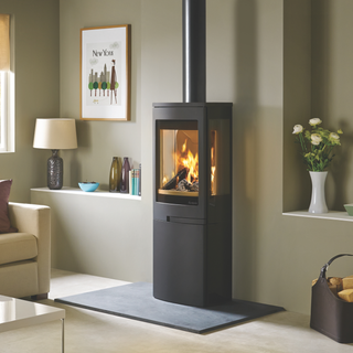 Duo 4 5kW Glass Sided Wood Burning Stove on Closed Log Stove - Nordpeis
