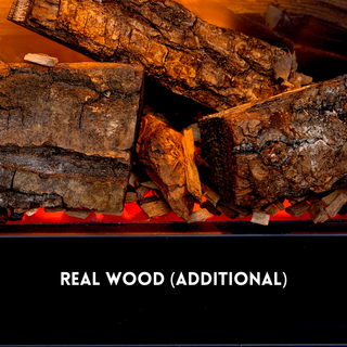 Stack of real wood logs with glowing embers below, labeled 'Real Wood (Additional)'.