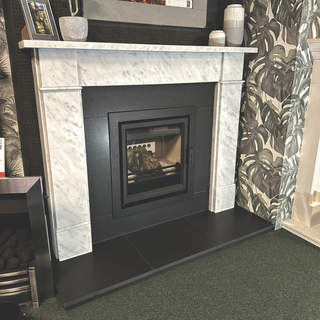 Ex-Display Hersham 54" Carrara Marble Honed Granite Ecostar Inset 5kW Woodburner Fireplace Suite
