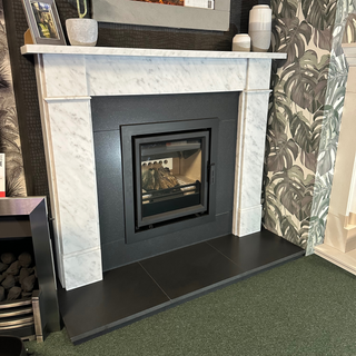 Ex-Display Hersham 54" Carrara Marble Honed Granite Ecostar Inset 5kW Woodburner Fireplace Suite