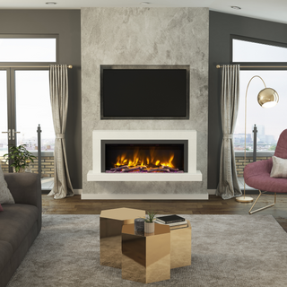 Pryzm Impero White Micromarble Wall Mounted Electric Fire and Fireplace Suite