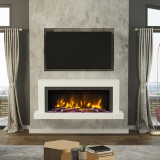 Pryzm Impero White Micromarble Wall Mounted Electric Fire and Fireplace Suite