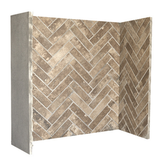 Beige herringbone brick fireplace chamber lining set on white wall