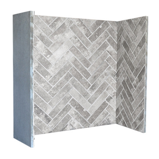 Grey herringbone brick fireplace chamber liner on white wall