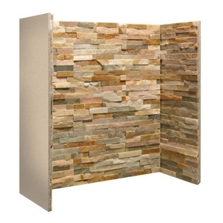 Beige and brown split face slate fireplace chamber lining set on white wall