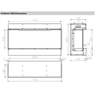 Technical drawing of Proflame 1000 dimensions on a white background