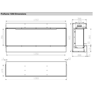Technical drawing of a Proflame 1250 fireplace with dimensions