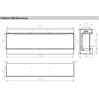 Technical drawing of a ProFlame 1600 product with dimensions labeled