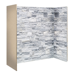 Light grey staggered slate fireplace chamber lining set on white wall