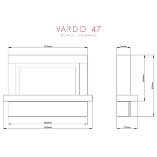 Technical line drawing of Pryzm Vardo 47" Electric Fireplace with dimensions.