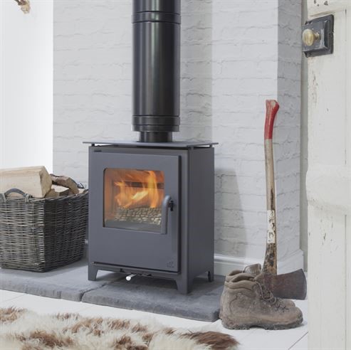 Mendip grey Loxton stove with logs and axe
